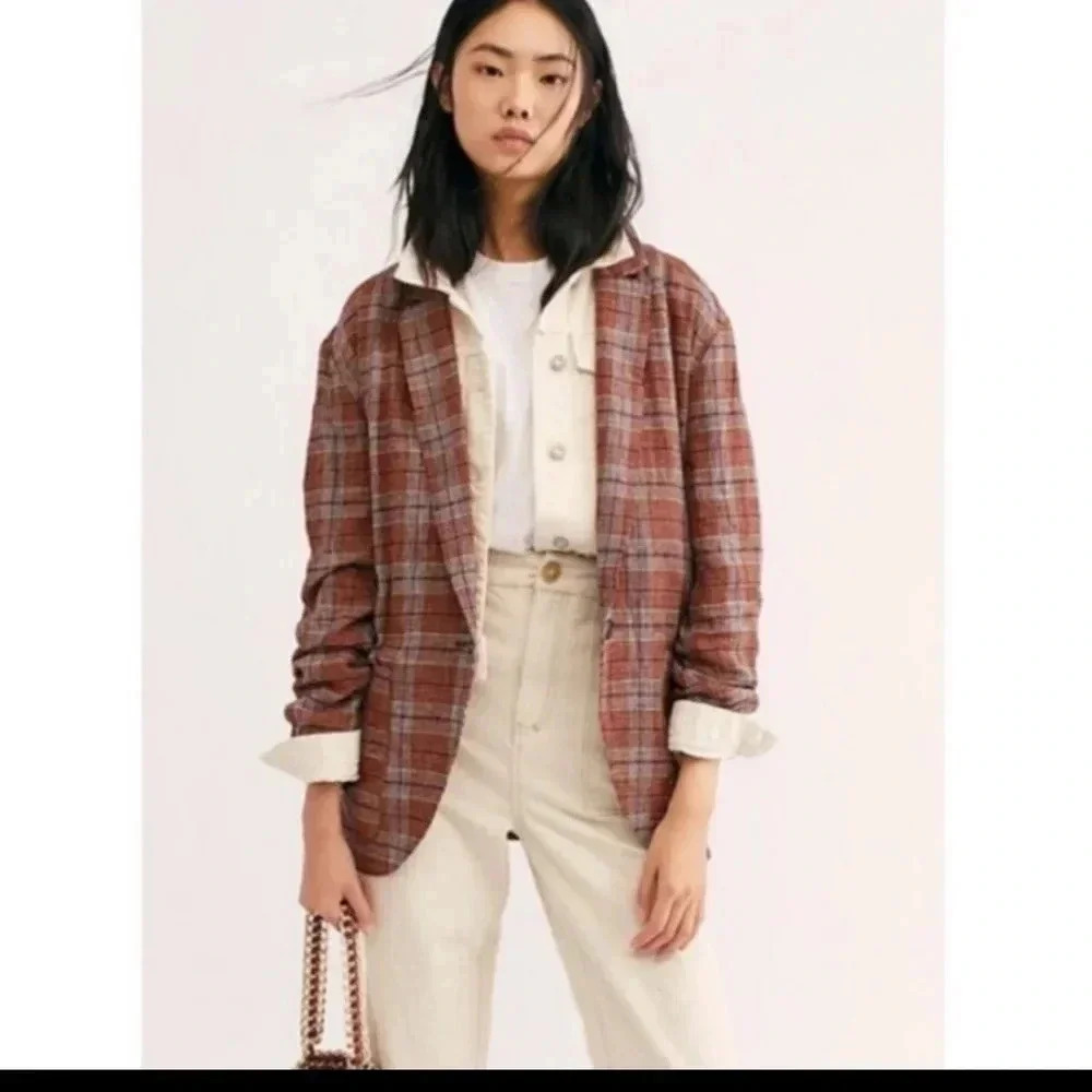 Free People Simply Plaid Linen Blend Oversized One Button Slouchy Blazer(S) - Picture 2 of 12